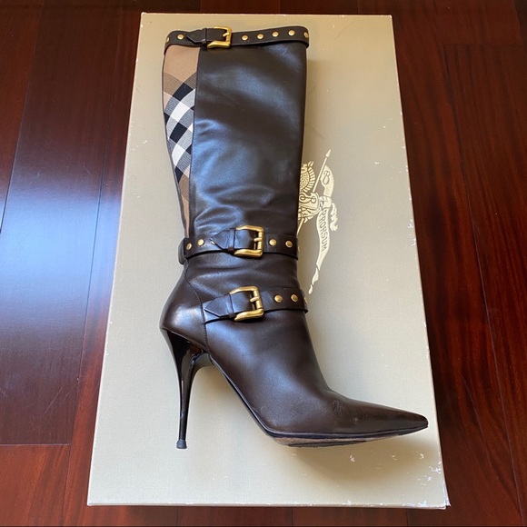 Burberry Leather Novacheck Canvas Rivet Boots 38.5 - Picture 2 of 8